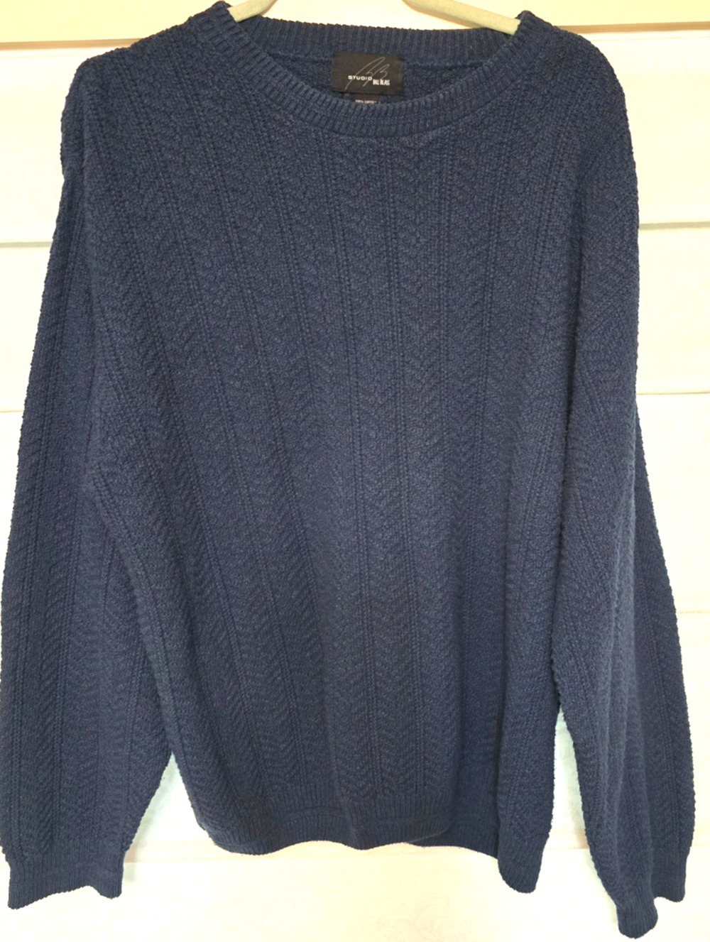 Studio Bill Blass Sweater Mens XL Navy Blue Textured Knit Crewneck Made USA